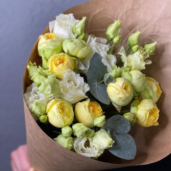 Author's bouquet of peony roses and eustoma